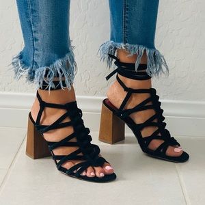 Black Chunky Heel Lace Up Gladiator Sandal